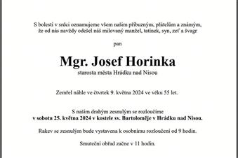 Starosta města Josef Horinka – úmrtní oznámení, pietní místo a kondolenční kniha
